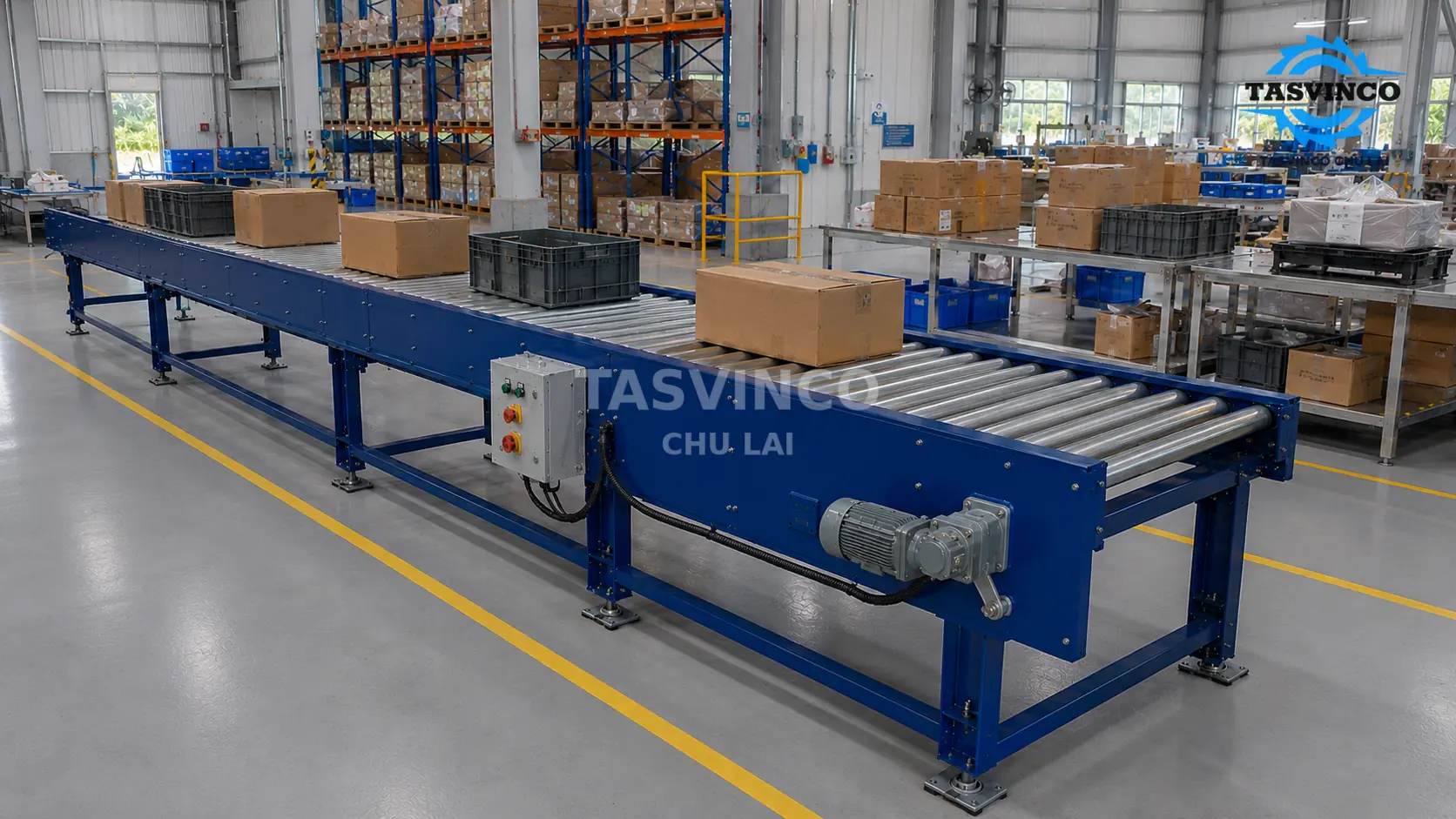 Hệ thống băng tải con lăn đã lắp đặt trong nhà máy