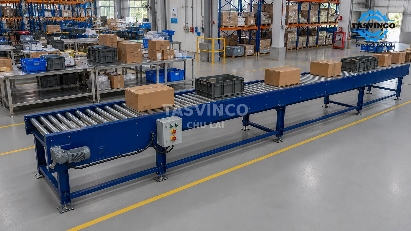 Băng tải con lăn chuyển thùng và pallet