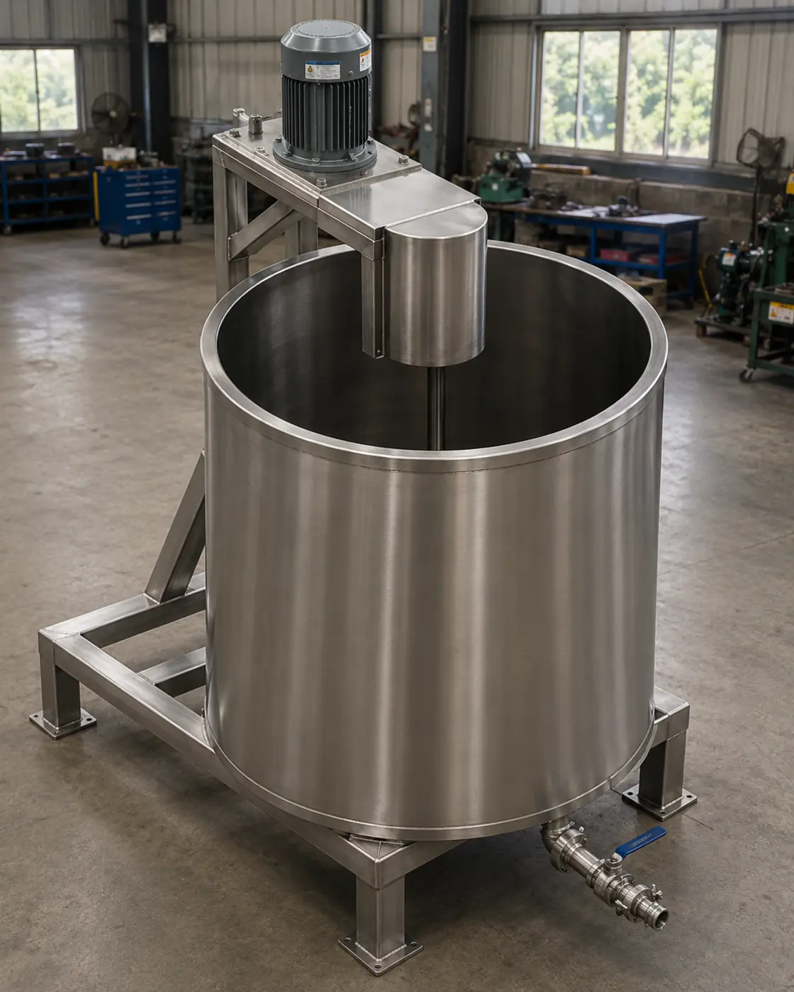 Bồn trộn inox có khung đỡ, động cơ và van xả