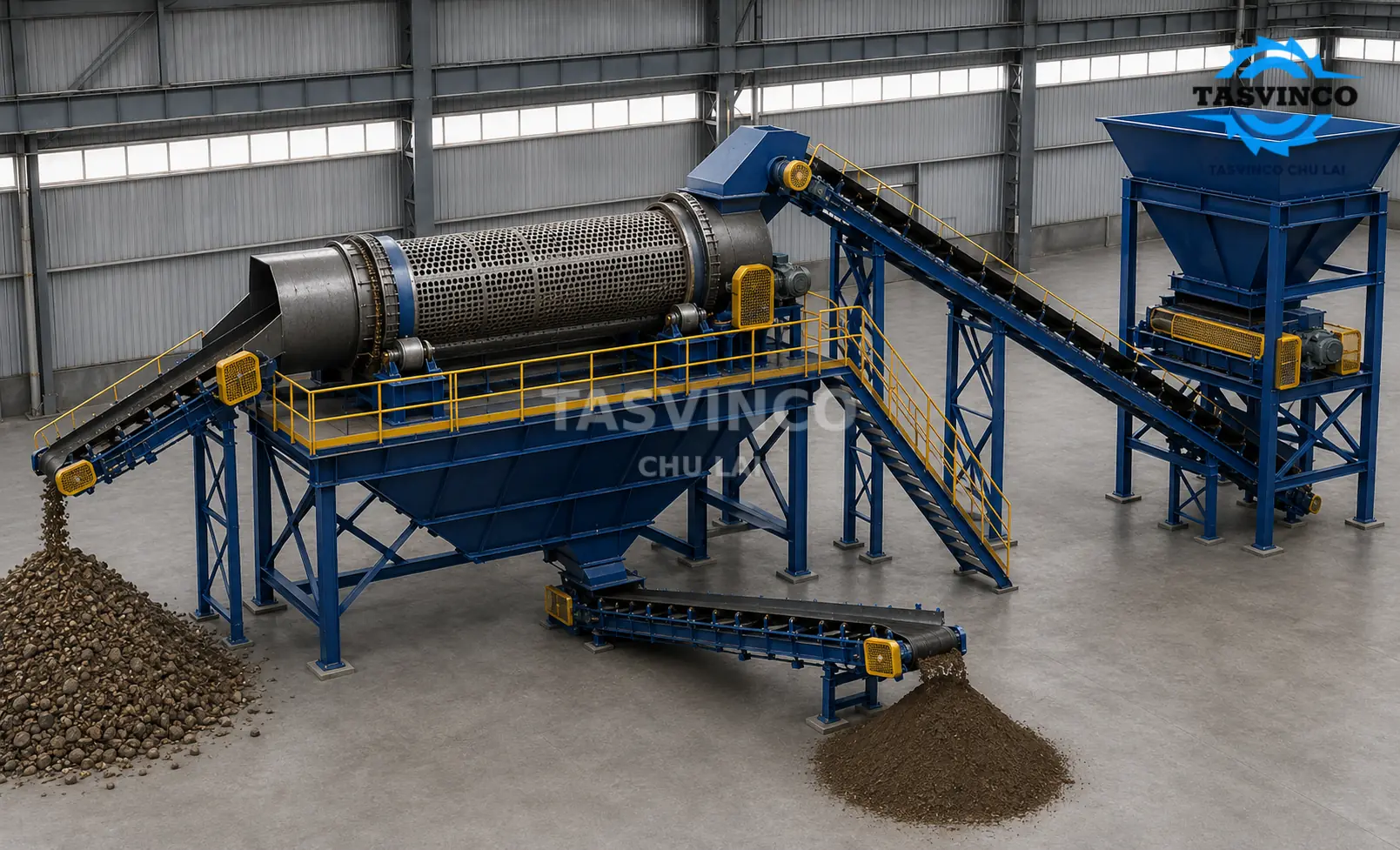 Toàn cảnh dây chuyền sàng và vận chuyển vật liệu