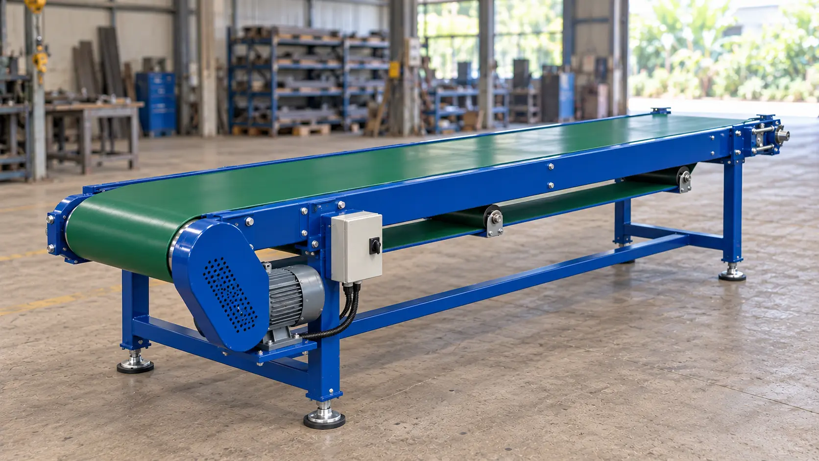 Băng tải PVC mặt phẳng, khung thép và cụm truyền động