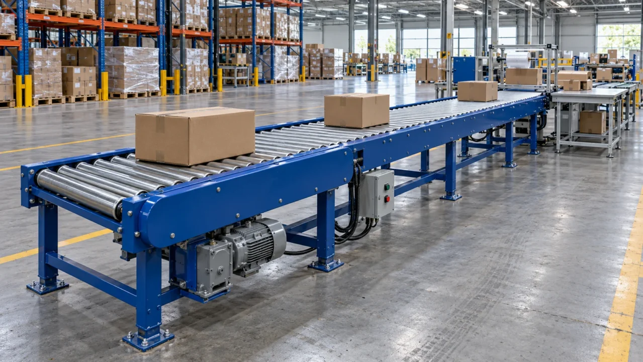 Băng tải con lăn truyền động trong khu đóng gói và kho hàng công nghiệp