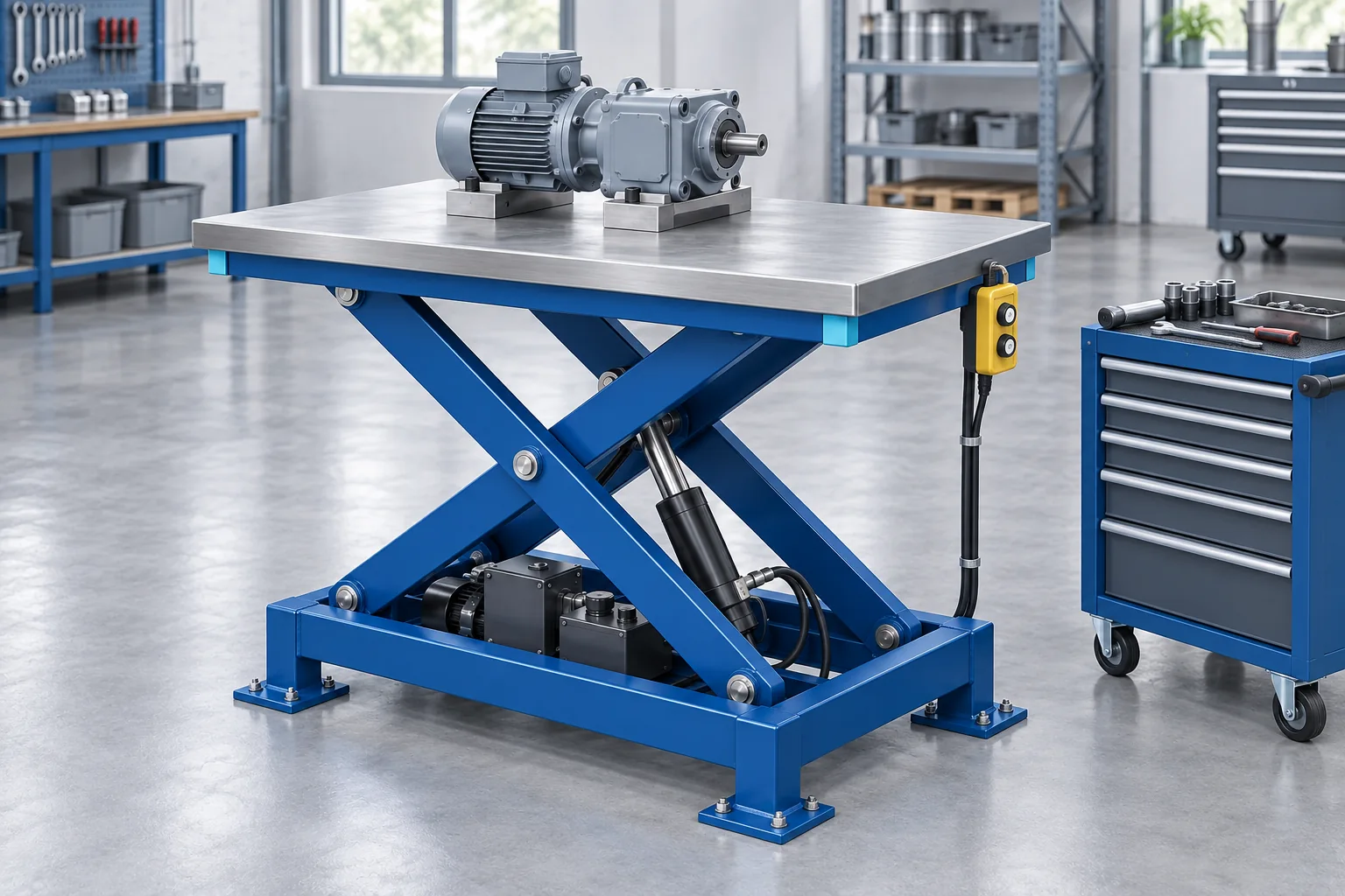Bàn nâng mặt phẳng bố trí cụm máy để lắp ráp